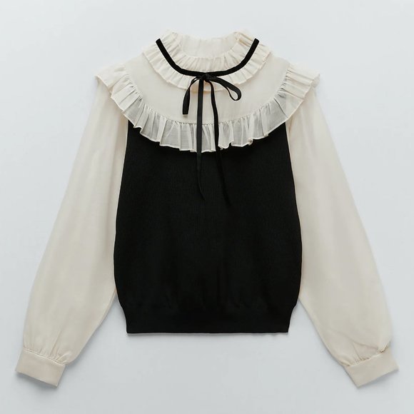 NEW Zara Contrasting Organza Ruffle Sweater Top S - Picture 8 of 11
